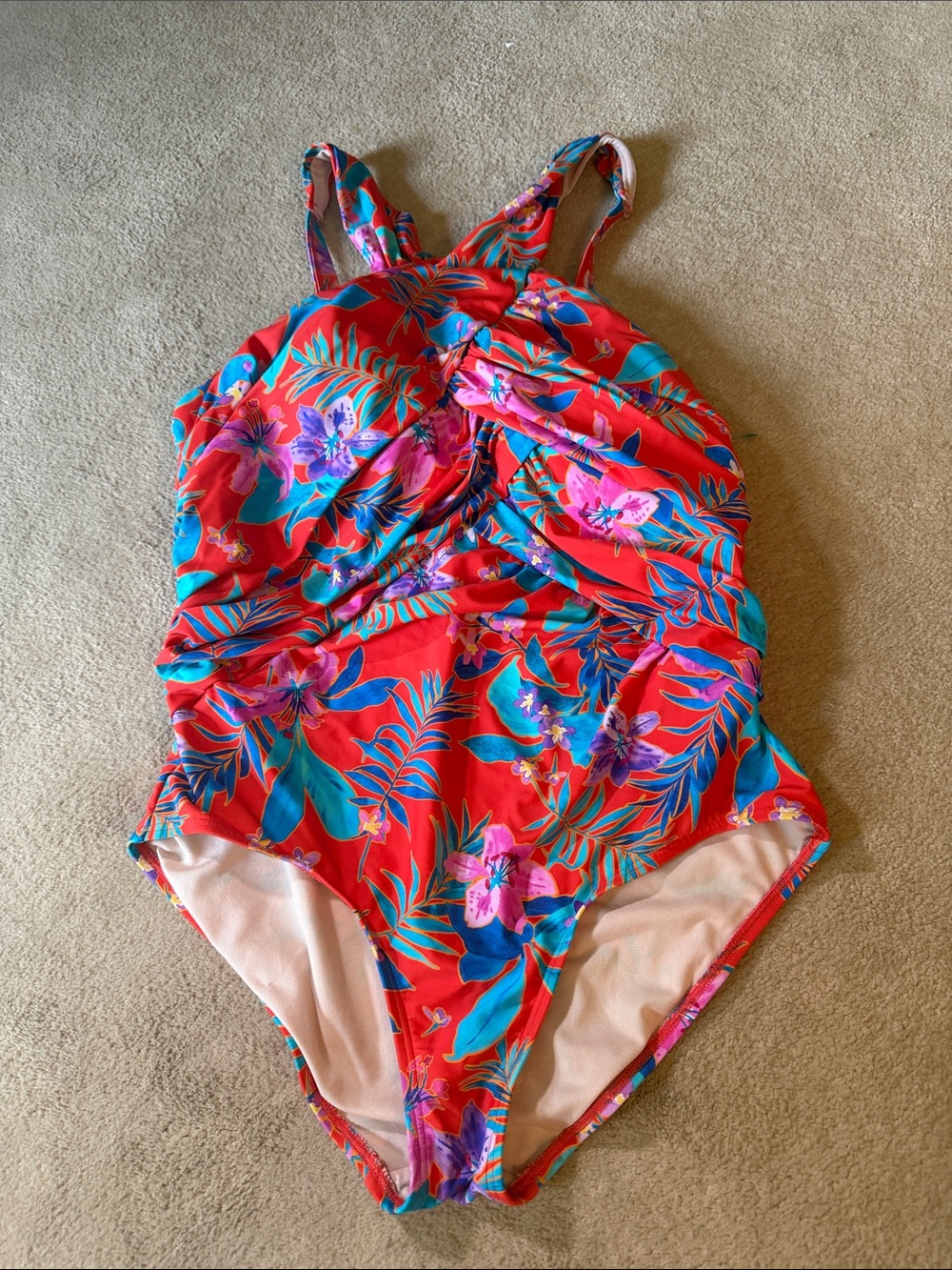 Tropical Floral Red One-Piece Swimsuit with Ruched Front